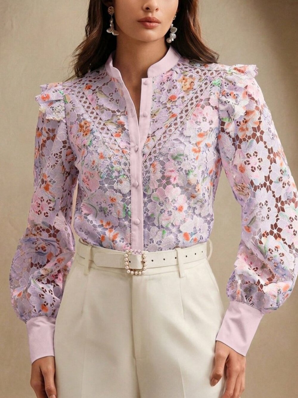 Purple Elegant Women's floral embroidered blouse - Picture 5 of 7